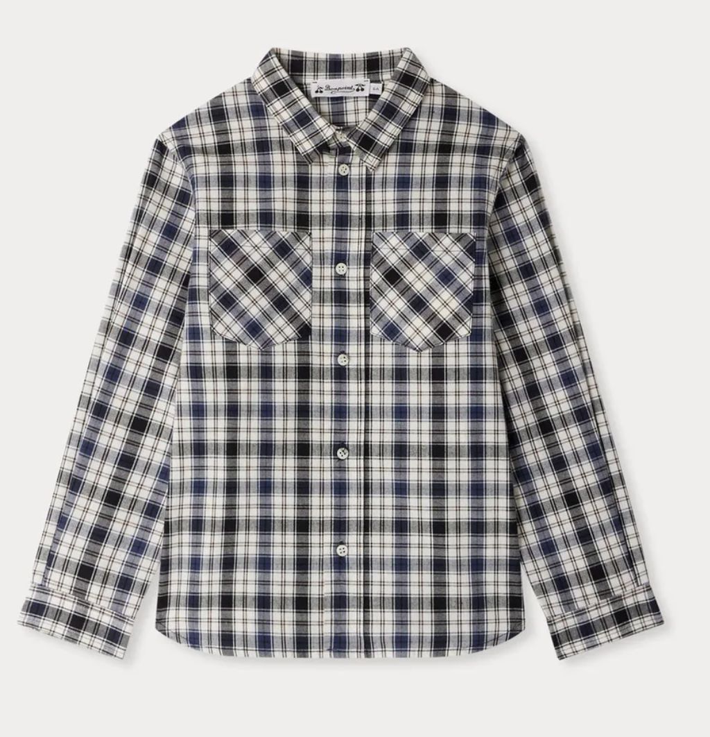 Bonpoint Altman shirt with black checkered collar in organic cotton brand new, 14 Years