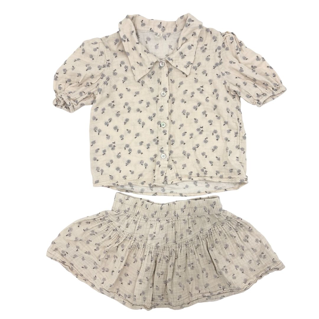 Rylee + Cru beige w/lavender flower top/skirt set, 6-7 years