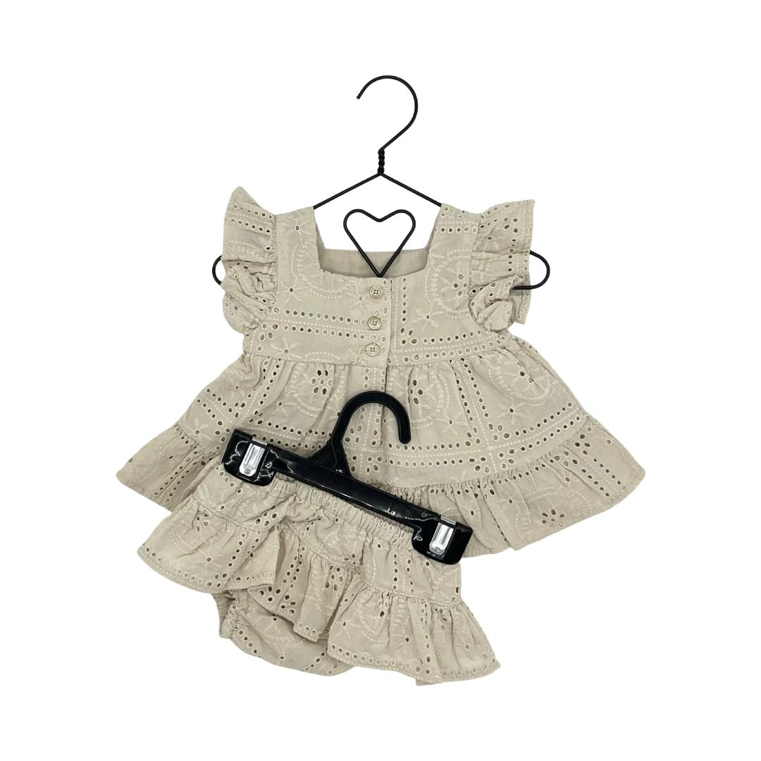 Happily Grey tan eyelet dress/bloomers set, 3-6 months