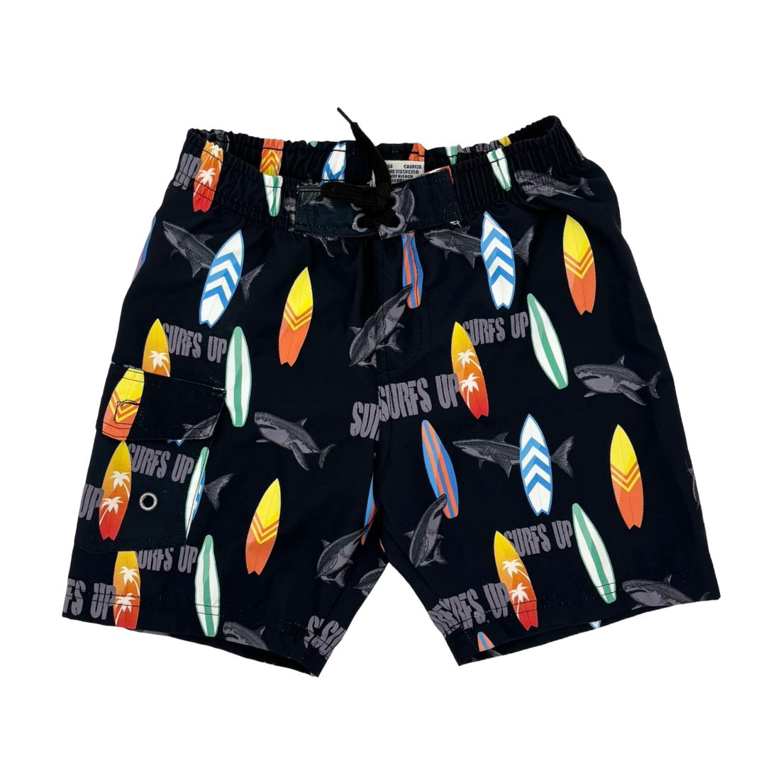 Mish Boys Black surfboard/sharks swim shorts, 6 years