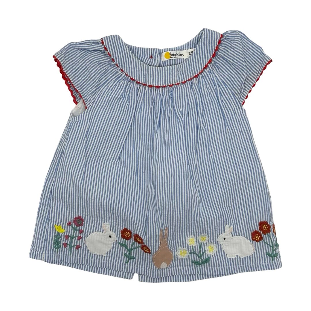 Baby Boden blue stripped w/bunnies dress, 2-3 years