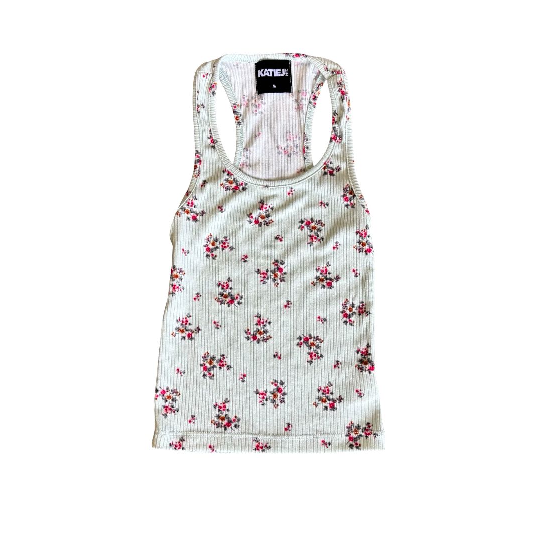 Katie J green floral tank top, medium