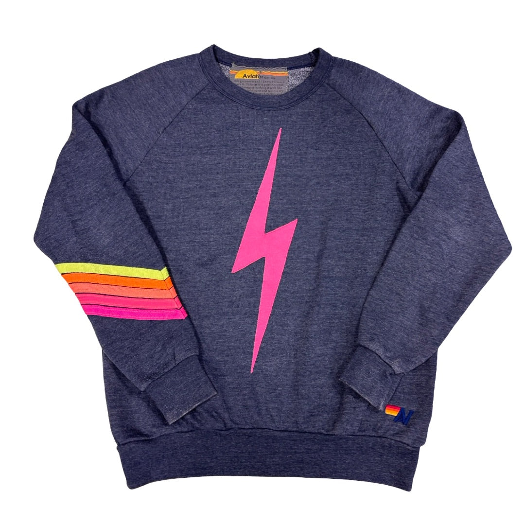 Aviator Nation Heather navy bolt stripe crewneck w/pink bolt and multi-colour chevron stripes, Women’s small