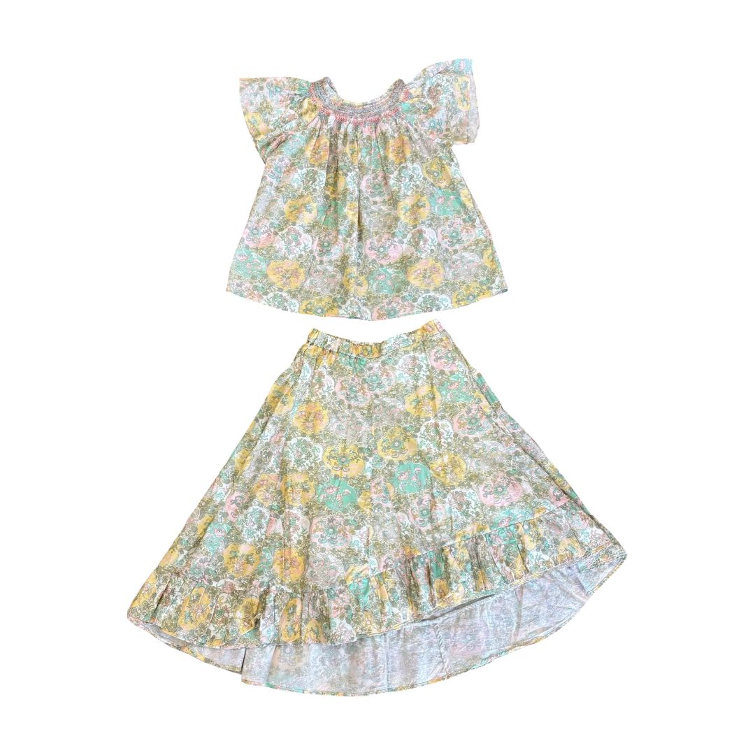 Bonpoint green floral pattern top/skirt set, 8 years