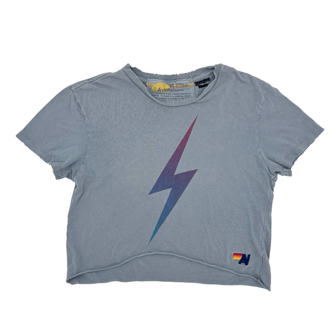 Aviator Nation grey w/purple lightning bold crop tshirt, xs womens