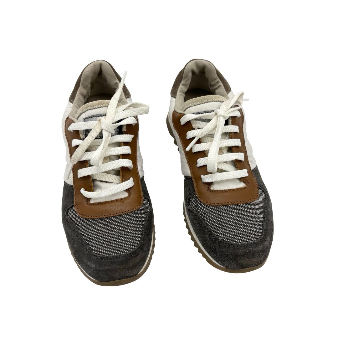 Brunello Cucinelli grey/white/tan suede/sparkle low top runners, euro 34 big kid
