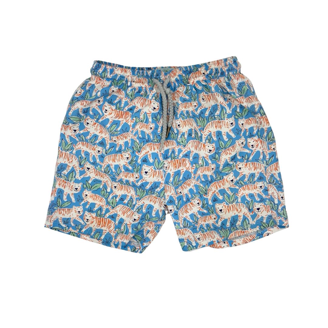 Trotters Swim blue tiger swim shorts, 6-7 years