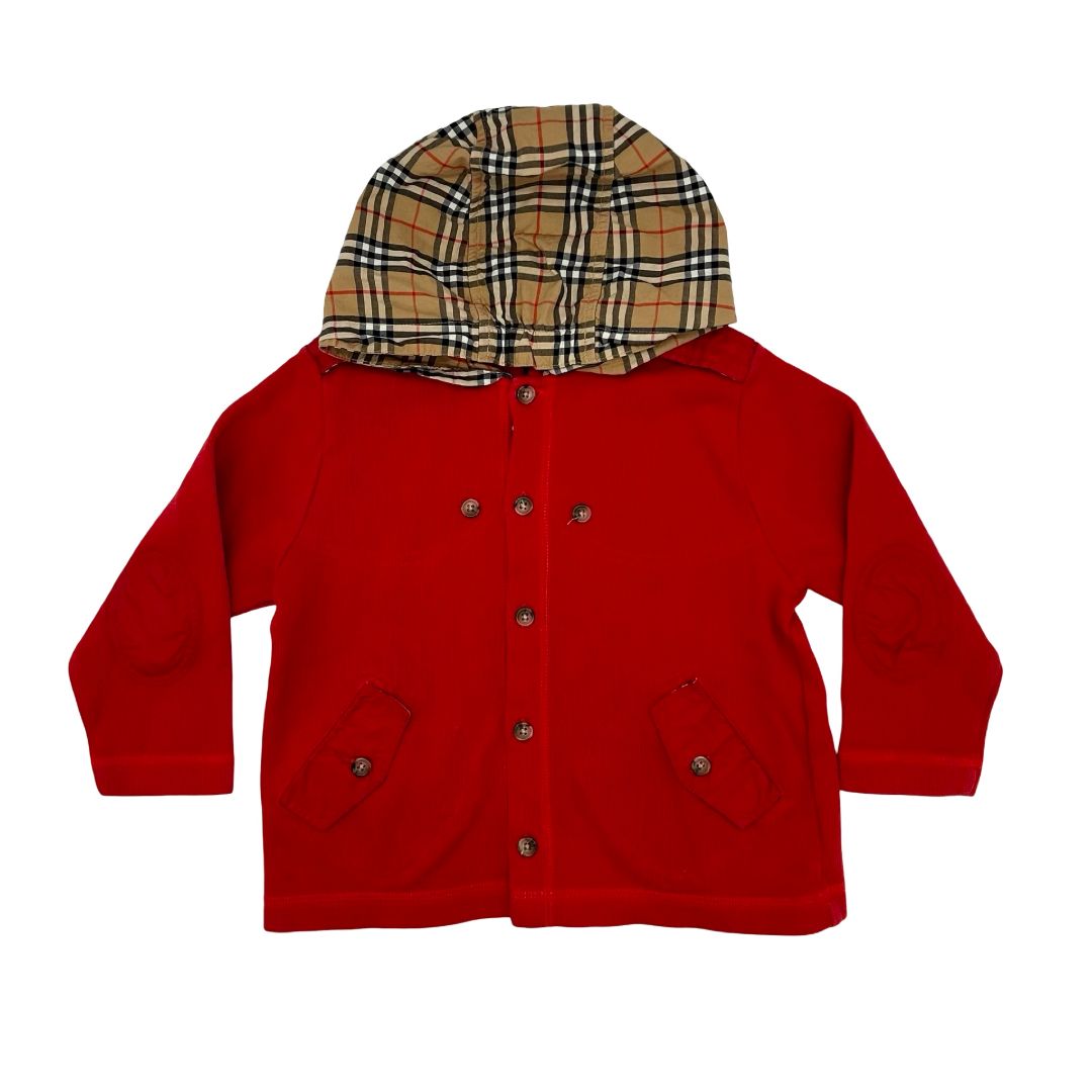 Burberry orange buttonup w/plaid hood, 4 years