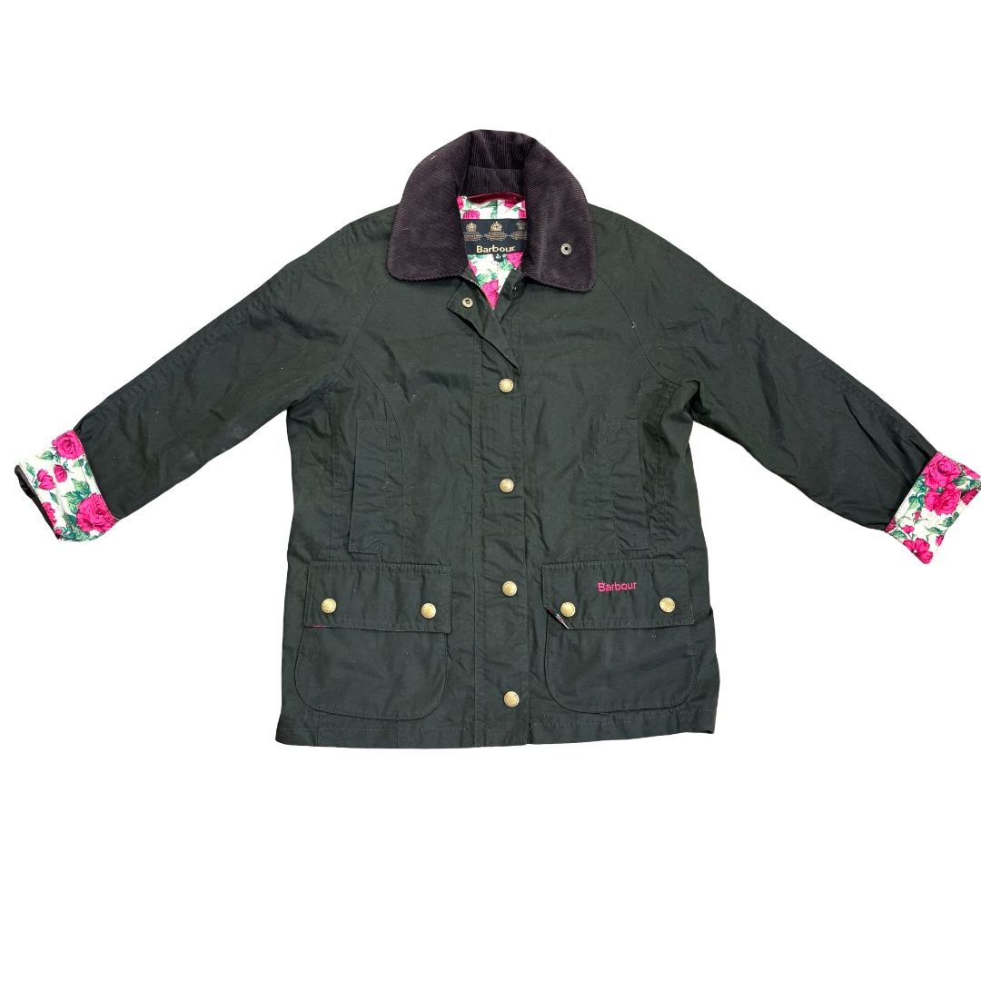 Barbour green jacket w/floral lining , 6-7 years