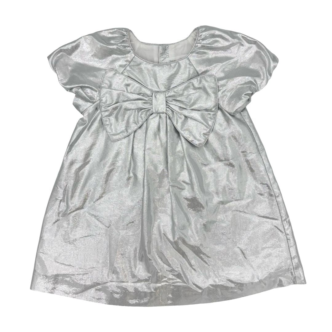 Zara silver dress w/bow, 2-3 years