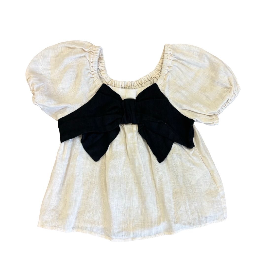 Zara cream linen top w/black bow, 4-5 years