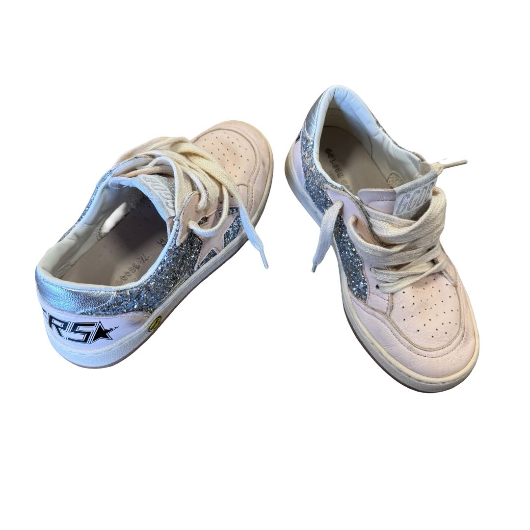 Golden Goose Ball star silver glitter light pink leather sneakers, Euro 32 big kid