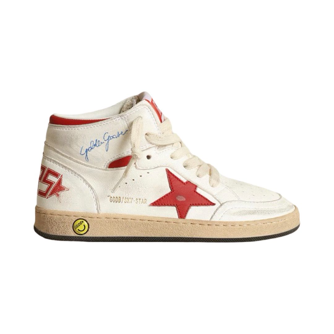 Golden Goose Young Sky-Star in white nappa with red star and heel tab, Euro 31 big kid