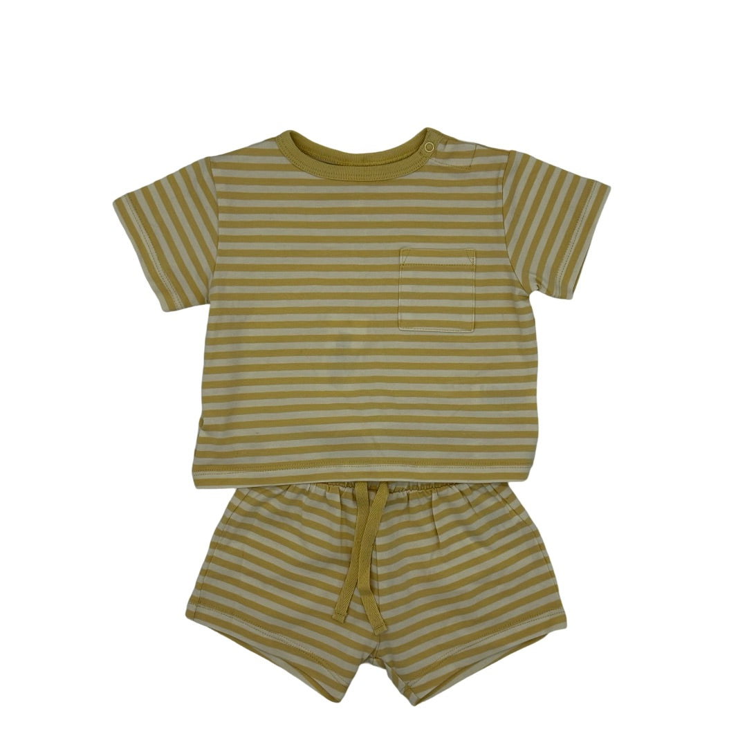 Quincy Mae yellow strip shirt/short set, 3-6 months