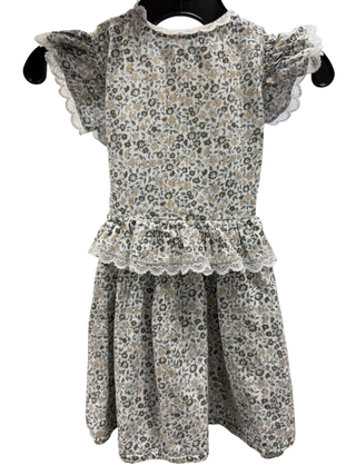 Noralee Blue and Beige Floral Dress with Lacy Ruffles, 2 years