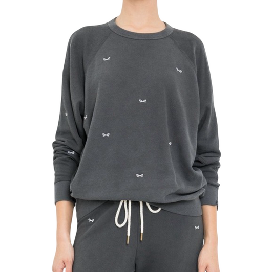 The Great college sweatshirt & sweatpants in washed black with bow embroidery, womens 1