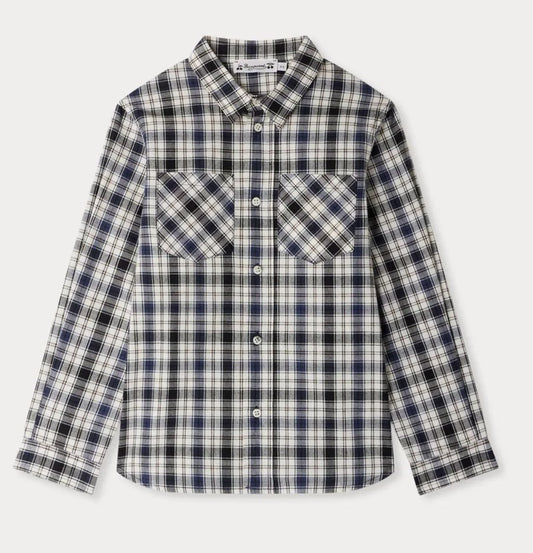 Bonpoint Altman shirt with black checkered collar in organic cotton brand new, 14 Years