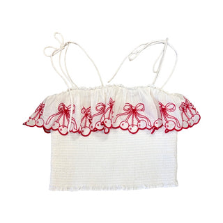 Love Shack Fancy White crop top w/cherry embroidery, Women’s xxs