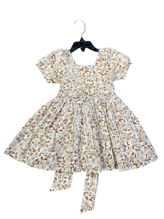 Noralee Brown and Cream Floral Patterned Dress with Metallic Threading and Bow Detail, 2 years