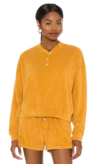Donni mustard yellow terry henley sweater and shorts set, womens small