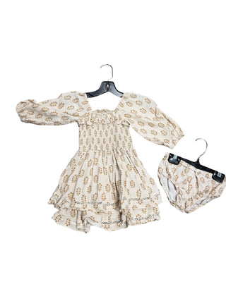 Noralee Cream and Brown Floral Pattern Dress with Ruffles and Smocking, 2 years