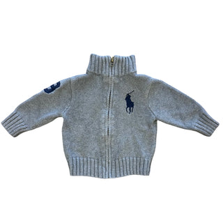 Polo Ralph Lauren Grey Zip Up Knit Sweater with Navy Logo and "3", 12 months