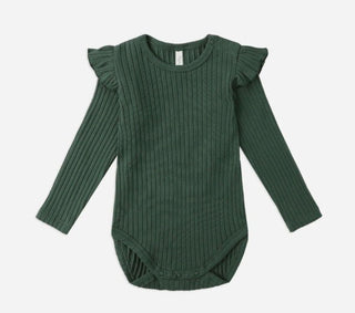 Rylee + Cru Green Ribbed Bodysuit with Shoulder Ruffles, 6-12 months