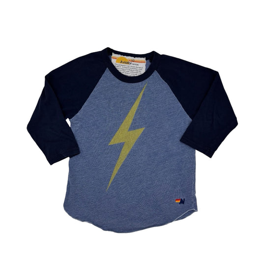 Aviator Nation blue lightning bolt baseball shirt, 10 years