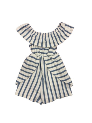Vignette Blue and White Terrycloth Stripe Romper with Ruffle and Skirting Details, 4 year
