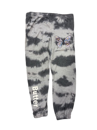 Butter Butterfly Rhinestone Grey Tie Dye Sweatpants, Youth Large