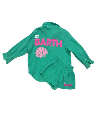 Vintage Havana Textured Green and Pink St. Barths Set with Button-down Shirt and Shorts, 10-12 years