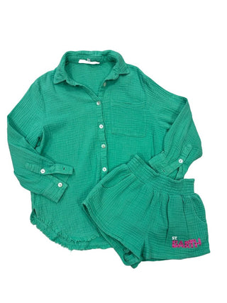 Vintage Havana Textured Green and Pink St. Barths Set with Button-down Shirt and Shorts, 10-12 years