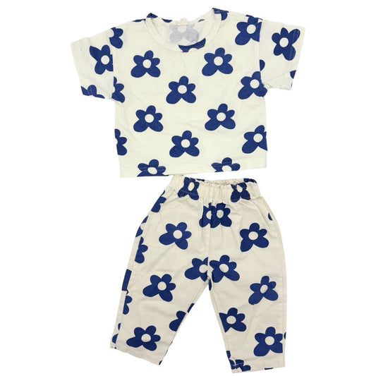 Miniolie white w/blue flowers tshirt/pant set, 6-12 months