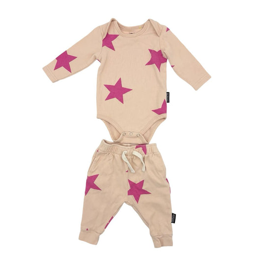 Nununu pink w/pink stars onesie top/pant set, 3-6 months
