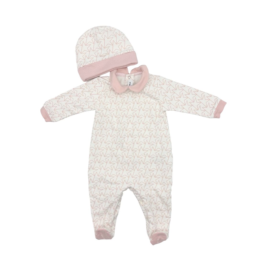 Golden Goose white w/pink stars sleeper/hat set, 3-6 months