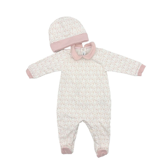 Golden Goose white w/pink stars sleeper/hat set, 3-6 months