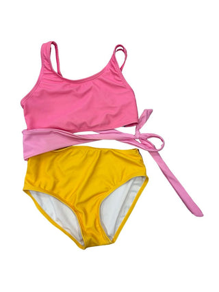 Blueberry Pink and Yellow Swimsuit with Tie and Cutout Details, 7 years
