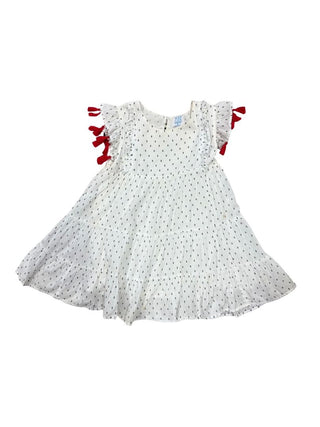 Mer St. Barth White Dress with Black Dot Embroidery and Red Tassels - Some Staining Throughout, Reflected in Price, 6 years