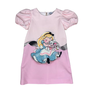 Monnalisa Alice in Wonderland Puff Sleeve Dress with Bow Illusion , 36 months