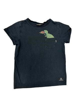 Rock Your Kid Black Tee with Fire Breathing T-Rex Pocket, 5 years