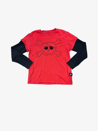 Nununu Red and black tee with embroidered skull, 4-5 years