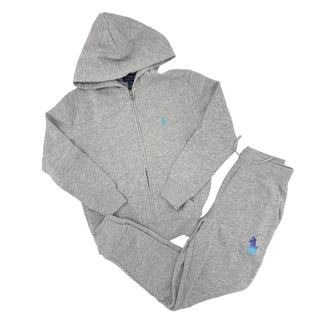 Ralph Lauren grey w/blue Polo Pony zip up/pant set, 8 years