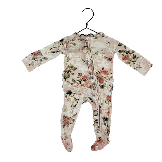 Posh Peanut pink floral sleeper w/ruffles, newborn