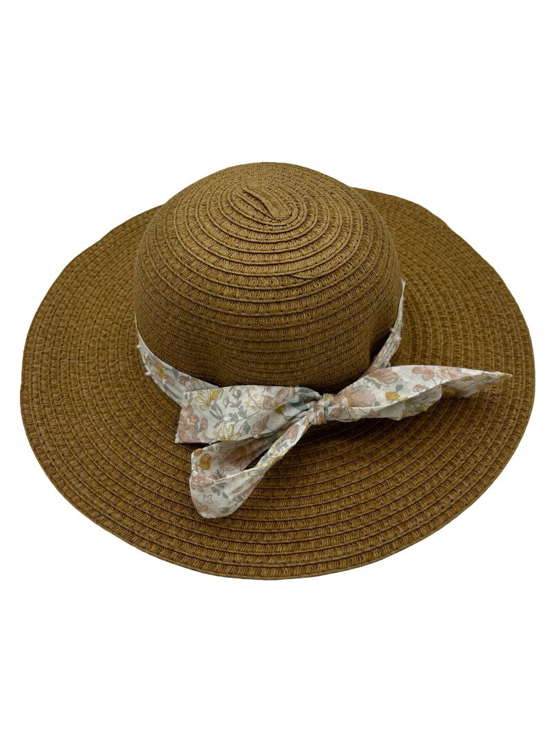 No name straw sun hat w/floral ribbon, 23 inches