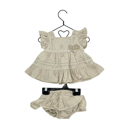 Happily Grey tan eyelet dress/bloomers set, 3-6 months