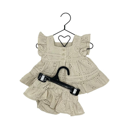 Happily Grey tan eyelet dress/bloomers set, 3-6 months
