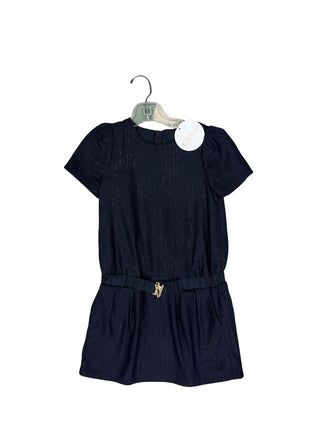 Chloe Navy Blue Short Sleeve Dress with Metallic Threading and Belt Detail, 4 years