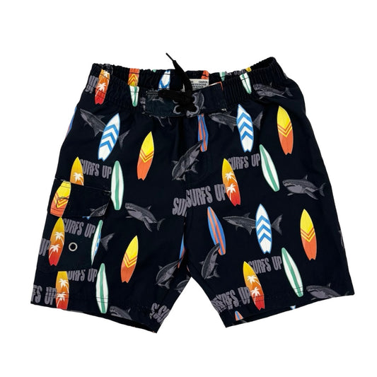 Mish Boys Black surfboard/sharks swim shorts, 6 years