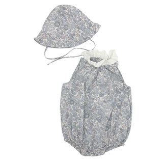 Jacadi Blue floral romper w/matching sun hat, 12 months