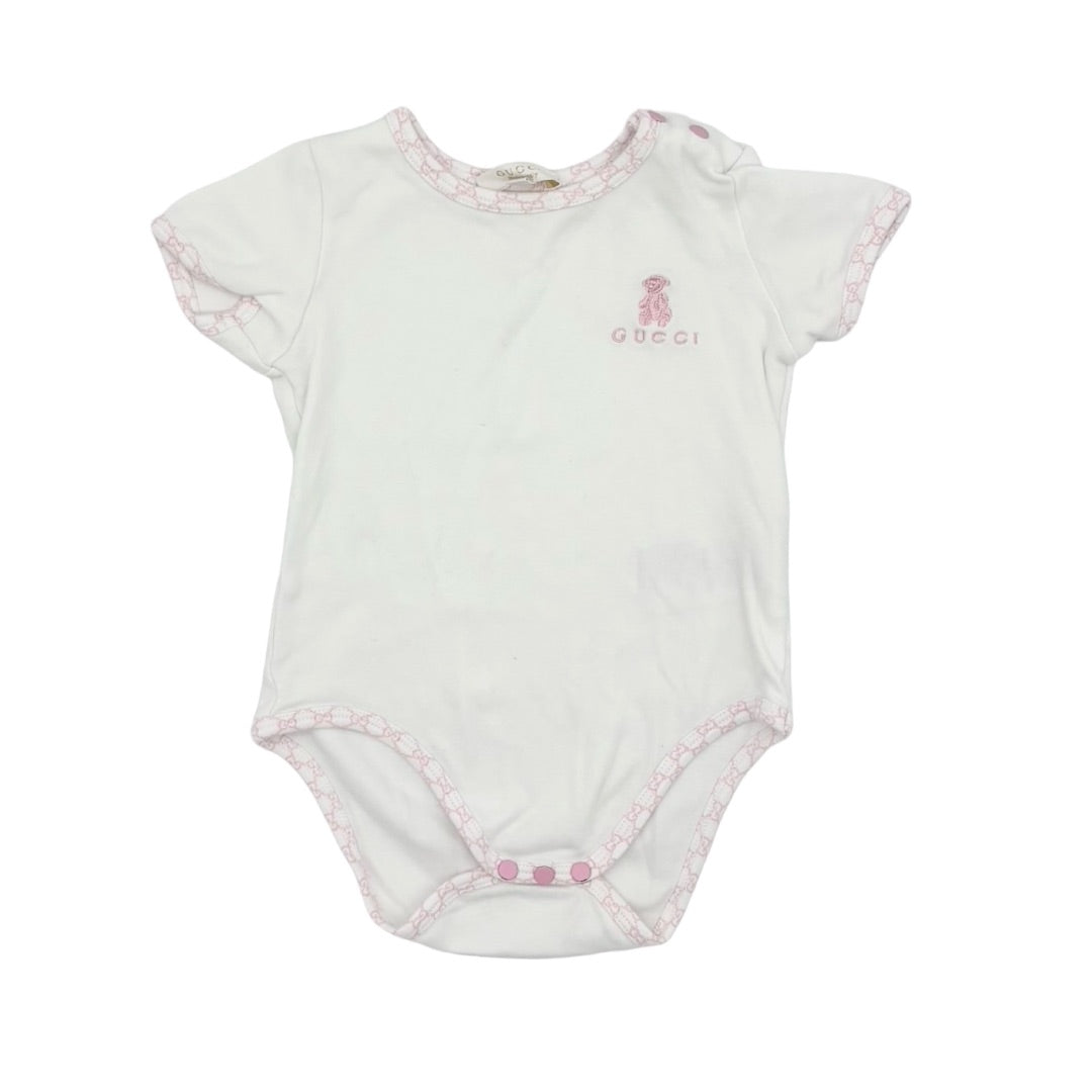 Gucci White w/pink logo trim onesie, 12 months